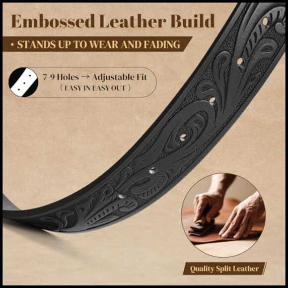 Western Leather Belt Adjustable Cowboy Cowgirl Rodeo Style Vintage Design